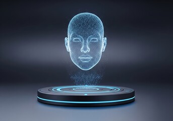 Futuristic digital face hologram floating above circular platform with neon glow