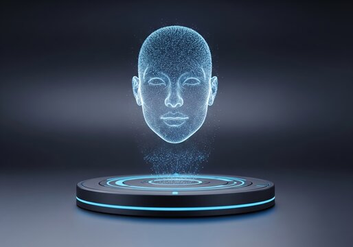Futuristic digital face hologram floating above circular platform with neon glow