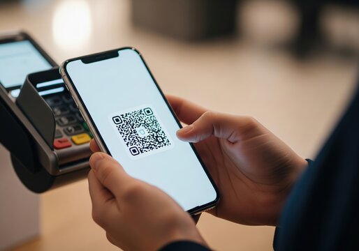 Contactless mobile payment with qr code at checkout terminal