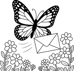 Butterfly delivering mail among flowers black and white outline art