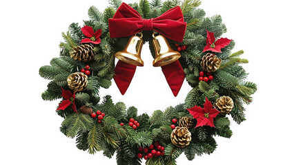 A festive christmas wreath with a red bow, golden bells, pinecones, and red berries, isolated on transparent background