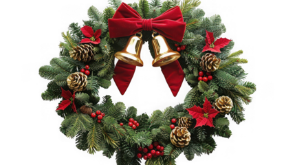 A festive christmas wreath with a red bow, golden bells, pinecones, and red berries, isolated on transparent background
