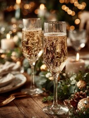 Holiday celebration table setting with champagne glasses