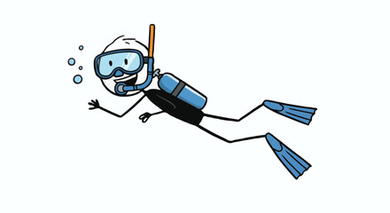 Fototapeta premium Smiling cartoon stick figure enjoying a scuba dive with oxygen tank and flippers. Simple vector graphic for hobby and sport themes