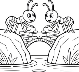 Cartoon ants building a bridge across the river black and white