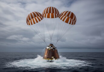 Space capsule splashdown with parachutes in ocean under cloudy sky