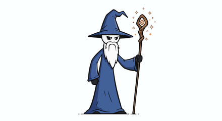 Mysterious Cartoon Wizard Character with Magical Staff Ready for Enchanting Adventures and Spells