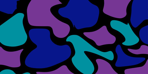 Abstract seamless vector pattern with stars and purple flowers on a wavy blue backdrop. Abstract background with geometric and colorful shapes. Trendy geometric pattern. Flat vector illustration