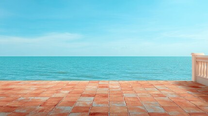 Obraz premium Tranquil ocean view from a terracotta tiled balcony.