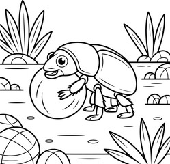 Cartoon Dung Beetle Rolling Ball in Black and White Outline