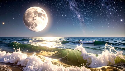 A serene night seascape with a large moon