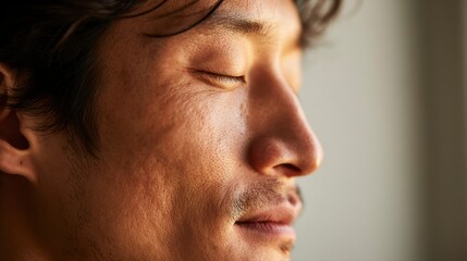 Obraz premium Profile of Contemplative Startup Owner with Eyes Closed in Reflection