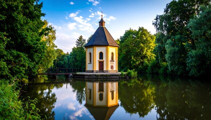 Obraz premium Picturesque chapel reflected in a serene pond