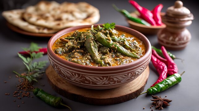 Spicy mirchi ka salan, green chilies simmered in a rich peanut and sesame seed gravy, bursting with heat and depth of flavor, served with warm naan for a truly authentic taste