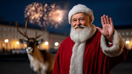 Festive santa claus celebration with reindeer nighttime city square holiday event sparkling fireworks joyful atmosphere