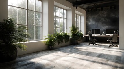 Modern office interior bathed in natural sunlight featuring workstations greenery and large