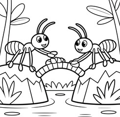 Cute Cartoon Ants on a Bridge Coloring Page Illustration Design