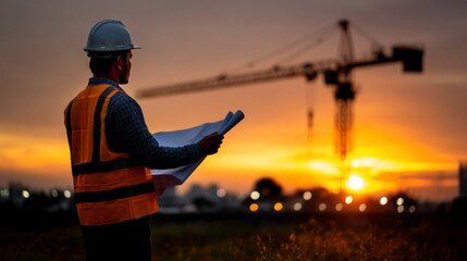 Fototapeta premium Construction manager overseeing project at sunset urban development site photograph industrial environment focused viewpoint progress concept