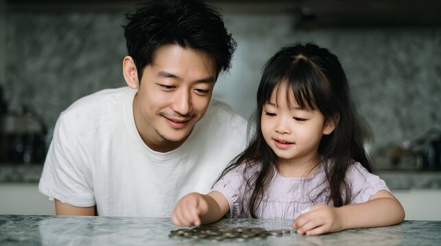 Father and daughter engaged in a financial lesson learning about saving money by counting coins together at home - Powered by Adobe