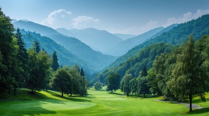 Lush green golf course nestled in a valley, surrounded by misty mountains.