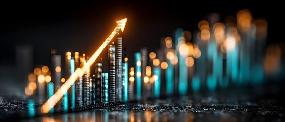 Dynamic financial graph shows upward trend with bright arrow indicating growth and success.