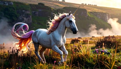 Majestic unicorn prancing through a sunlit meadow