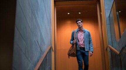 Young Professional Stepping into Modern Elevator with Confidence