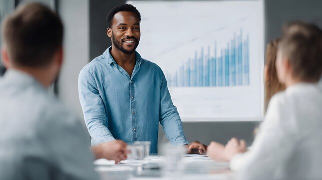A confident man leads a business meeting presenting a growth chart to his attentive team - Powered by Adobe