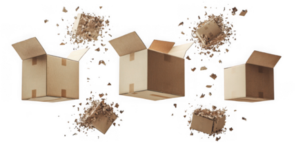Several open cardboard boxes with dirt exploding outwards, isolated on transparent background