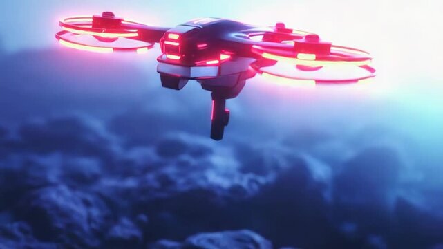 Futuristic drone hovering over rocky terrain with neon lights