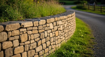 Rustic local stones stacked precisely to form a durable drystack retaining wall along a country driveway slope.