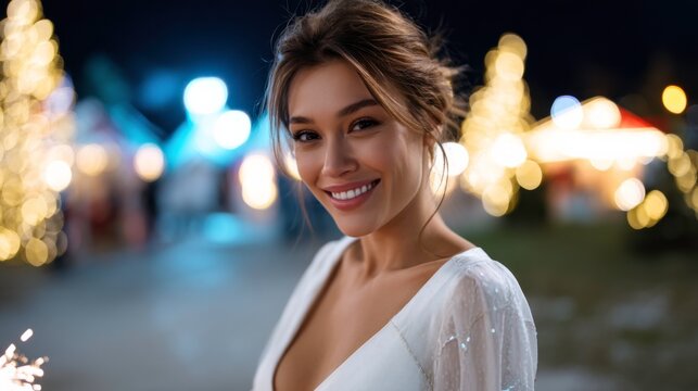 Celebratory sparkler moment night festival portrait photography urban setting close-up view joyful expression