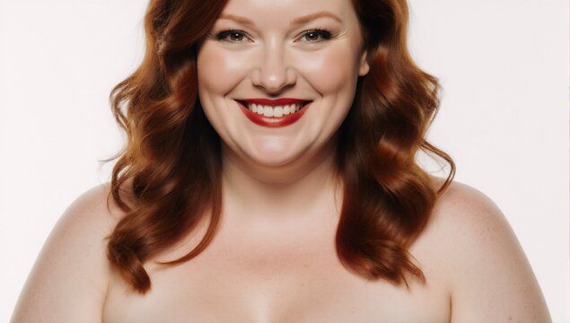 Smiley redhead woman with a curvy body and breasts self-acceptance theme on white background