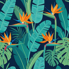 Fototapeta premium Seamless pattern featuring tropical foliage and vibrant flowers creates striking backdrop for design projects. Vivid flora and fauna in seamless pattern provides unique texture and visual interest,