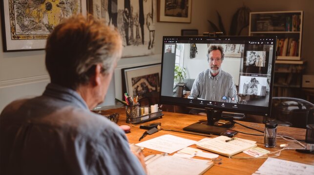 Middle-aged Man Recording Podcast Interview at Home Office