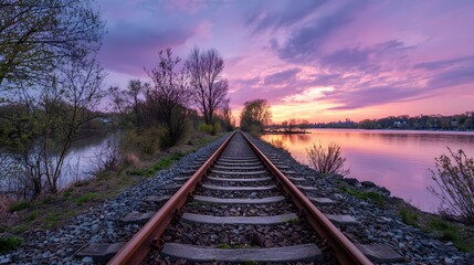 Fototapeta premium sunset view of the railway tracks leading to a lake in springtime, with a beautiful sky