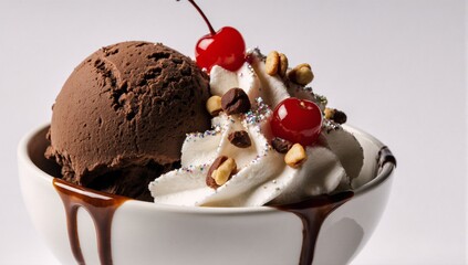 Tempting chocolate ice cream with artistic toppings evoking indulgence on a hot day