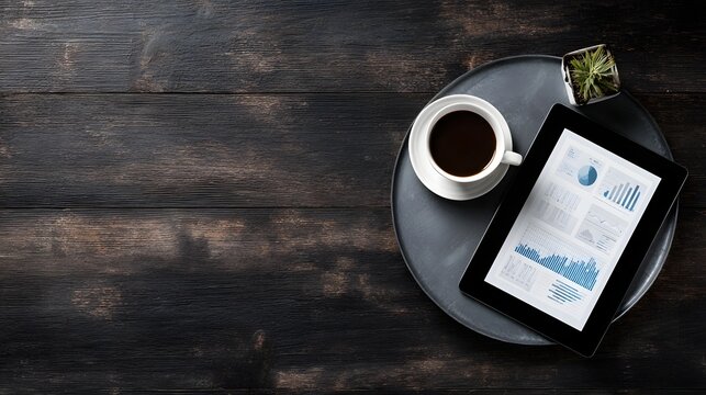 Overhead view of a tablet displaying financial charts alongside a coffee cup on a dark wooden surface