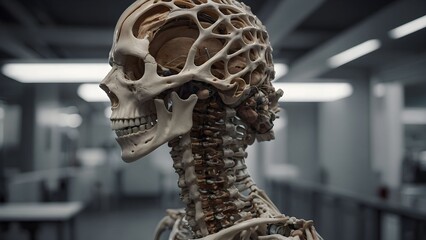 Anatomical model showcasing human skeleton structure in a modern educational laboratory setting during daylight hours Generative AI