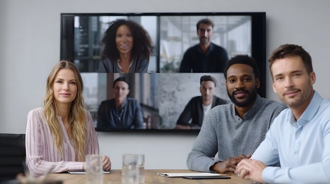 A diverse team collaborates remotely via video conference in a modern office meeting room - Powered by Adobe