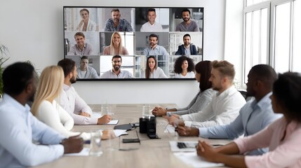 Team members connect for a virtual business meeting collaborating through a video conference on a large office screen