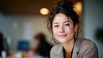Fototapeta premium Focused portrait of a creative professional with subtle smile casual blazer blurred modern workspace in the background for a relaxed yet polished look.