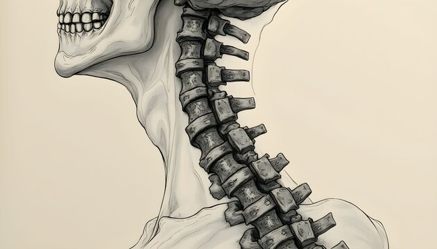 Detailed anatomical illustration of a human skull and spine showcasing intricate skeletal features Generative AI