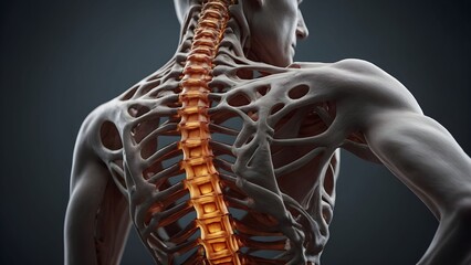 Detailed anatomical depiction of the human spine highlighting the vertebrae structure and surrounding skeletal features in a realistic style Generative AI