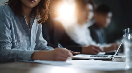 A team of professionals intently focused on their work collaborating around a table with laptops and documents during a business meeting