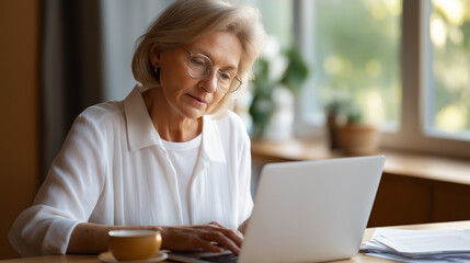 Fototapeta premium At a cozy home office a senior woman working diligently on her laptop natural daylight streaming through a nearby window reading glasses perched on her nose as she types with