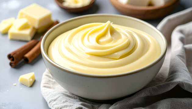 Creamy White Pastry Cream in Bowl with White Chocolate
