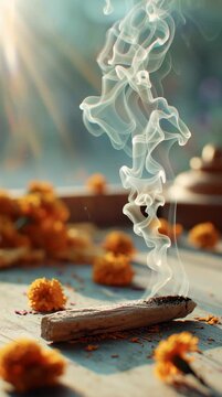 Burning sandalwood incense with gentle smoke, surrounded by bright marigold flowers, evoking Indian spirituality, prayer rituals, and festivals like Diwali and Pitru Paksha.