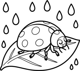 Line art ladybug on leaf under rain drops illustration