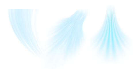 Air flow set of vector elements on a white background. Abstract light effect blowing from an air conditioner, purifier or humidifier. Dynamic blurred flow motion	